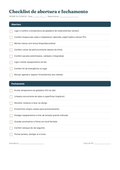Checklist de abertura e fechamento da clínica