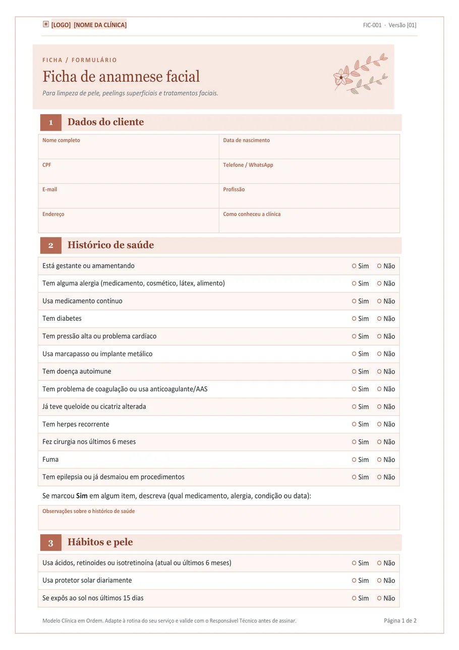 Ficha de anamnese facial colorida