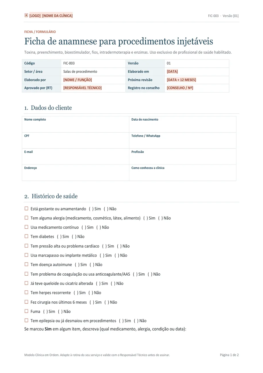 Ficha de anamnese injetáveis