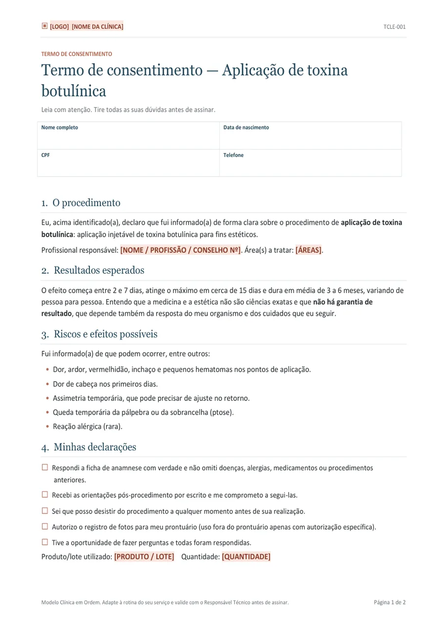 Termo de consentimento da toxina botulínica